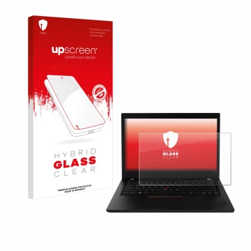 Face avant d’un emballage produit avec le logo de la marque upscreen. À côté, l’appareil Lenovo ThinkPad L490 est représenté a