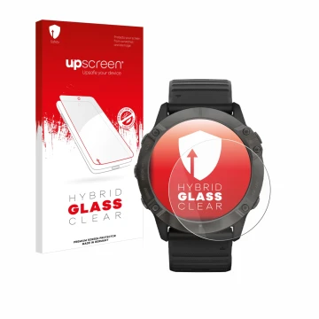 Face avant d’un emballage produit avec le logo de la marque upscreen. À côté, l’appareil Garmin Fenix 6X Pro Solar est représe