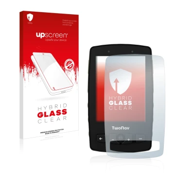 Face avant d’un emballage produit avec le logo de la marque upscreen. À côté, l’appareil TwoNav Aventura 2 est représenté avec