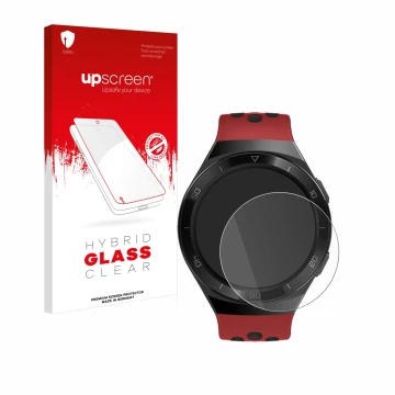 Face avant d’un emballage produit avec le logo de la marque upscreen. À côté, l’appareil Huawei Watch GT 2e est représenté ave