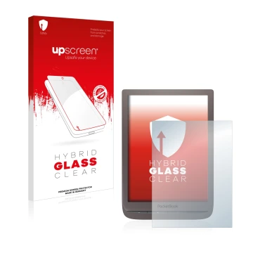 Face avant d’un emballage produit avec le logo de la marque upscreen. À côté, l’appareil PocketBook InkPad 3 Pro est représent
