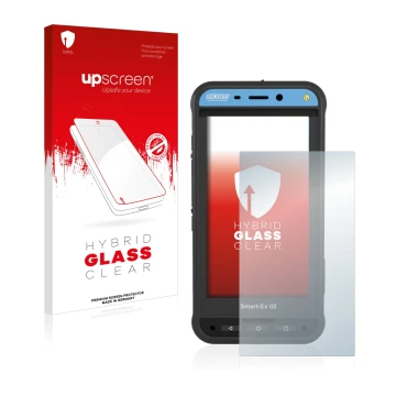 Face avant d’un emballage produit avec le logo de la marque upscreen. À côté, l’appareil Ecom Smart-Ex 02 DZ1 est représenté a