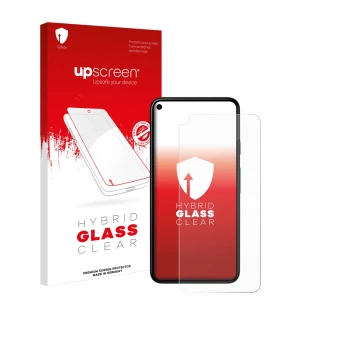 Face avant d’un emballage produit avec le logo de la marque upscreen. À côté, l’appareil Google Pixel 5 est représenté avec la