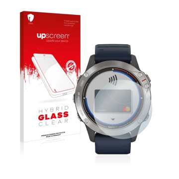 Face avant d’un emballage produit avec le logo de la marque upscreen. À côté, l’appareil Garmin quatix 6 est représenté avec l