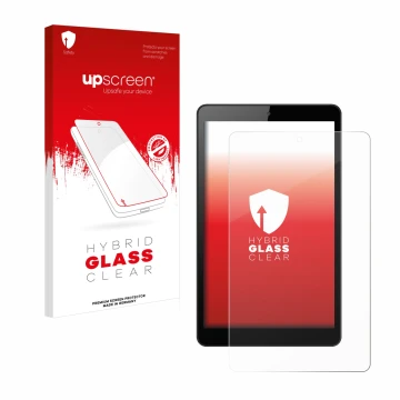 Face avant d’un emballage produit avec le logo de la marque upscreen. À côté, l’appareil Huawei MediaPad M5 Lite 8