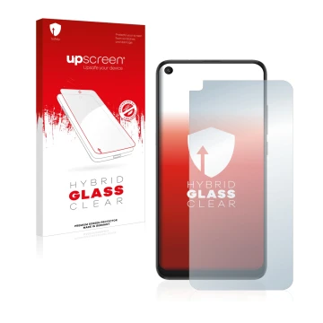 Face avant d’un emballage produit avec le logo de la marque upscreen. À côté, l’appareil TCL 10L est représenté avec la protec