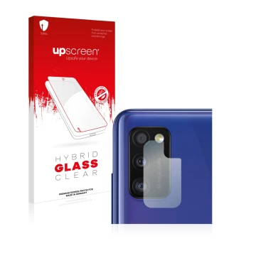 Face avant d’un emballage produit avec le logo de la marque upscreen. À côté, l’appareil Samsung Galaxy A41 (Caméra UNIQUEMENT
