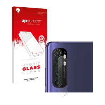 Face avant d’un emballage produit avec le logo de la marque upscreen. À côté, l’appareil Xiaomi Mi Note 10 Lite (Caméra UNIQUE
