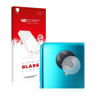 Face avant d’un emballage produit avec le logo de la marque upscreen. À côté, l’appareil Xiaomi Poco F2 Pro (Caméra UNIQUEMENT