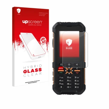 Face avant d’un emballage produit avec le logo de la marque upscreen. À côté, l’appareil RugGear RG170 est représenté avec la 