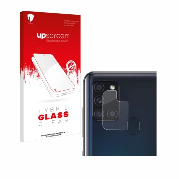 Face avant d’un emballage produit avec le logo de la marque upscreen. À côté, l’appareil Samsung Galaxy A21s (Caméra UNIQUEMEN