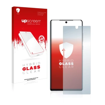 Face avant d’un emballage produit avec le logo de la marque upscreen. À côté, l’appareil Samsung Galaxy Note 20 est représenté