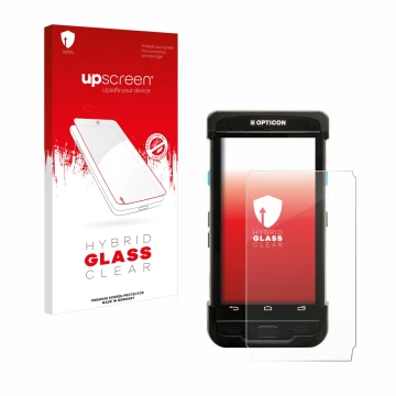 Face avant d’un emballage produit avec le logo de la marque upscreen. À côté, l’appareil Opticon H-31 est représenté avec la p