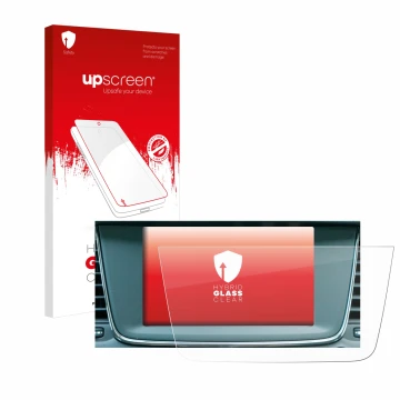 Face avant d’un emballage produit avec le logo de la marque upscreen. À côté, l’appareil Opel Grandland X Hybrid 2020 IntelliL