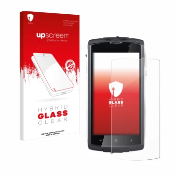 Face avant d’un emballage produit avec le logo de la marque upscreen. À côté, l’appareil GoClever Quantum 500 Steel est représ