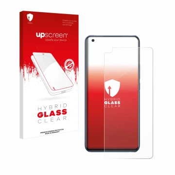 Face avant d’un emballage produit avec le logo de la marque upscreen. À côté, l’appareil Vivo X50 est représenté avec la prote