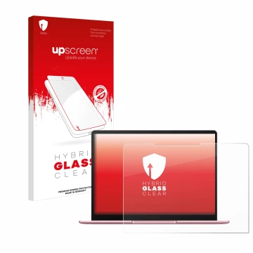 Face avant d’un emballage produit avec le logo de la marque upscreen. À côté, l’appareil Huawei MateBook 13 2020 est représent