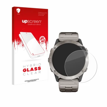 Face avant d’un emballage produit avec le logo de la marque upscreen. À côté, l’appareil Garmin quatix 6x Solar est représenté