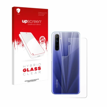Face avant d’un emballage produit avec le logo de la marque upscreen. À côté, l’appareil realme 6 (Arrière) est représenté ave