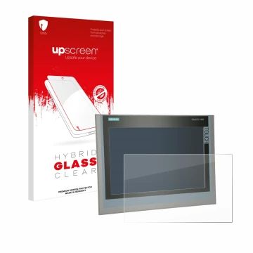 Face avant d’un emballage produit avec le logo de la marque upscreen. À côté, l’appareil Siemens Simatic HMI TP 1500 Comfort e