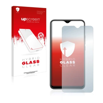 Face avant d’un emballage produit avec le logo de la marque upscreen. À côté, l’appareil Xiaomi Redmi 9 est représenté avec la