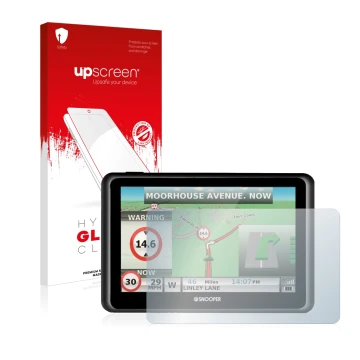 Face avant d’un emballage produit avec le logo de la marque upscreen. À côté, l’appareil Snooper Truckmate S6900 est représent