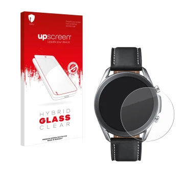 Face avant d’un emballage produit avec le logo de la marque upscreen. À côté, l’appareil Samsung Galaxy Watch 3 (45mm) est rep