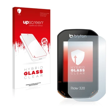 Face avant d’un emballage produit avec le logo de la marque upscreen. À côté, l’appareil Bryton Rider 320 est représenté avec 