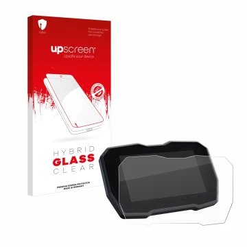 Face avant d’un emballage produit avec le logo de la marque upscreen. À côté, l’appareil Ducati Streetfighter V4 2020 Affichag