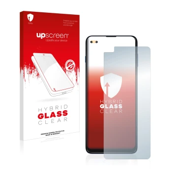 Face avant d’un emballage produit avec le logo de la marque upscreen. À côté, l’appareil Motorola Moto G 5G Plus est représent