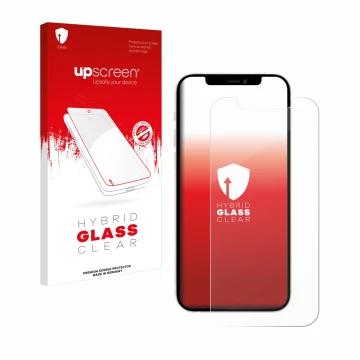 Face avant d’un emballage produit avec le logo de la marque upscreen. À côté, l’appareil Apple iPhone 12 Pro est représenté av