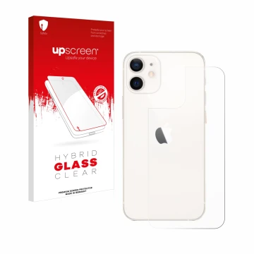 Face avant d’un emballage produit avec le logo de la marque upscreen. À côté, l’appareil Apple iPhone 12 mini (Arrière) est re