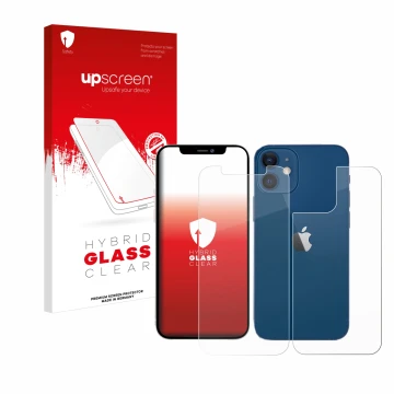 Face avant d’un emballage produit avec le logo de la marque upscreen. À côté, l’appareil Apple iPhone 12 (Avant+Arrière) est r
