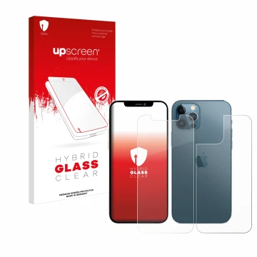Face avant d’un emballage produit avec le logo de la marque upscreen. À côté, l’appareil Apple iPhone 12 Pro (Avant+Arrière) e