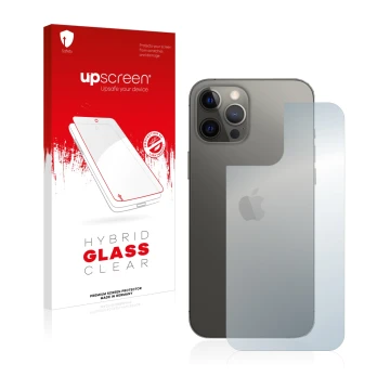 Face avant d’un emballage produit avec le logo de la marque upscreen. À côté, l’appareil Apple iPhone 12 Pro Max (Arrière) est
