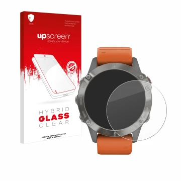 Face avant d’un emballage produit avec le logo de la marque upscreen. À côté, l’appareil Garmin Fenix 6 Pro Solar est représen