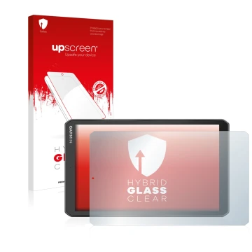 Face avant d’un emballage produit avec le logo de la marque upscreen. À côté, l’appareil Garmin Camper 890 est représenté avec