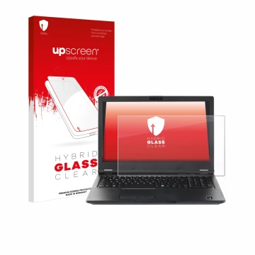Face avant d’un emballage produit avec le logo de la marque upscreen. À côté, l’appareil Fujitsu Lifebook E5510 est représenté