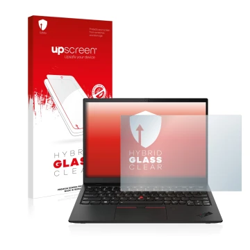 Face avant d’un emballage produit avec le logo de la marque upscreen. À côté, l’appareil Lenovo ThinkPad X1 Nano est représent