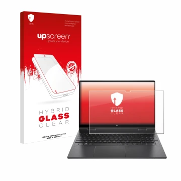 Face avant d’un emballage produit avec le logo de la marque upscreen. À côté, l’appareil HP Envy x360 (15-eX) (358 mm x 230 mm