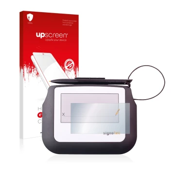 Face avant d’un emballage produit avec le logo de la marque upscreen. À côté, l’appareil Signotec Signature Sigma Lite est rep