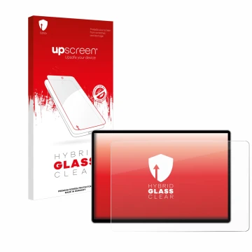Face avant d’un emballage produit avec le logo de la marque upscreen. À côté, l’appareil Tesla Model 3 Infotainment System 15.