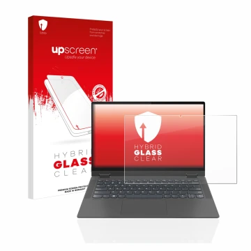 Face avant d’un emballage produit avec le logo de la marque upscreen. À côté, l’appareil Lenovo IdeaPad Flex 5 14