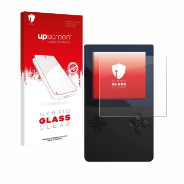 Face avant d’un emballage produit avec le logo de la marque upscreen. À côté, l’appareil Analogue Pocket est représenté avec l