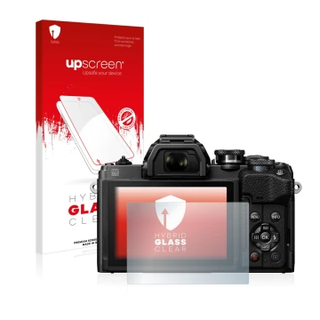 Face avant d’un emballage produit avec le logo de la marque upscreen. À côté, l’appareil Olympus OM-D E-M10 Mark IV est représ