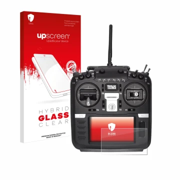 Face avant d’un emballage produit avec le logo de la marque upscreen. À côté, l’appareil Radiomaster TX16S est représenté avec