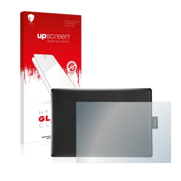 Face avant d’un emballage produit avec le logo de la marque upscreen. À côté, l’appareil Wacom One Medium est représenté avec 