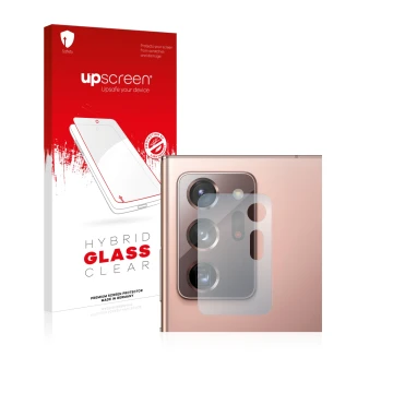 Face avant d’un emballage produit avec le logo de la marque upscreen. À côté, l’appareil Samsung Galaxy Note 20 Ultra 5G (Camé