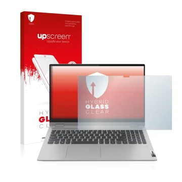 Face avant d’un emballage produit avec le logo de la marque upscreen. À côté, l’appareil Lenovo IdeaPad Flex 5 15