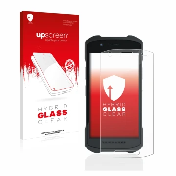 Face avant d’un emballage produit avec le logo de la marque upscreen. À côté, l’appareil Zebra TC21 est représenté avec la pro